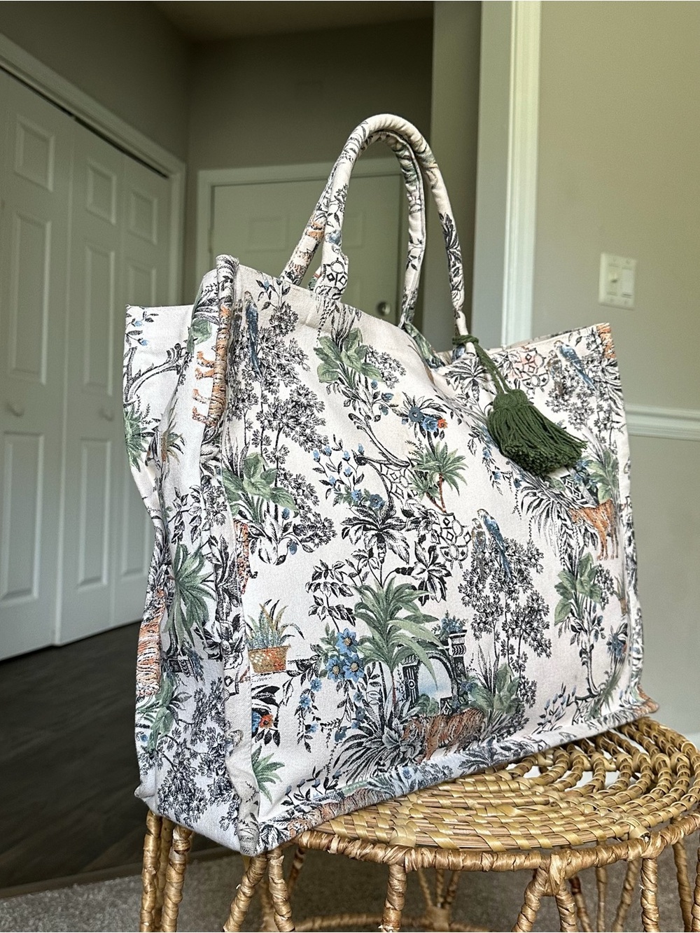 Cream Botanical Canvas Tote with Green Tassel Accent Tiger Print Shopper Bag